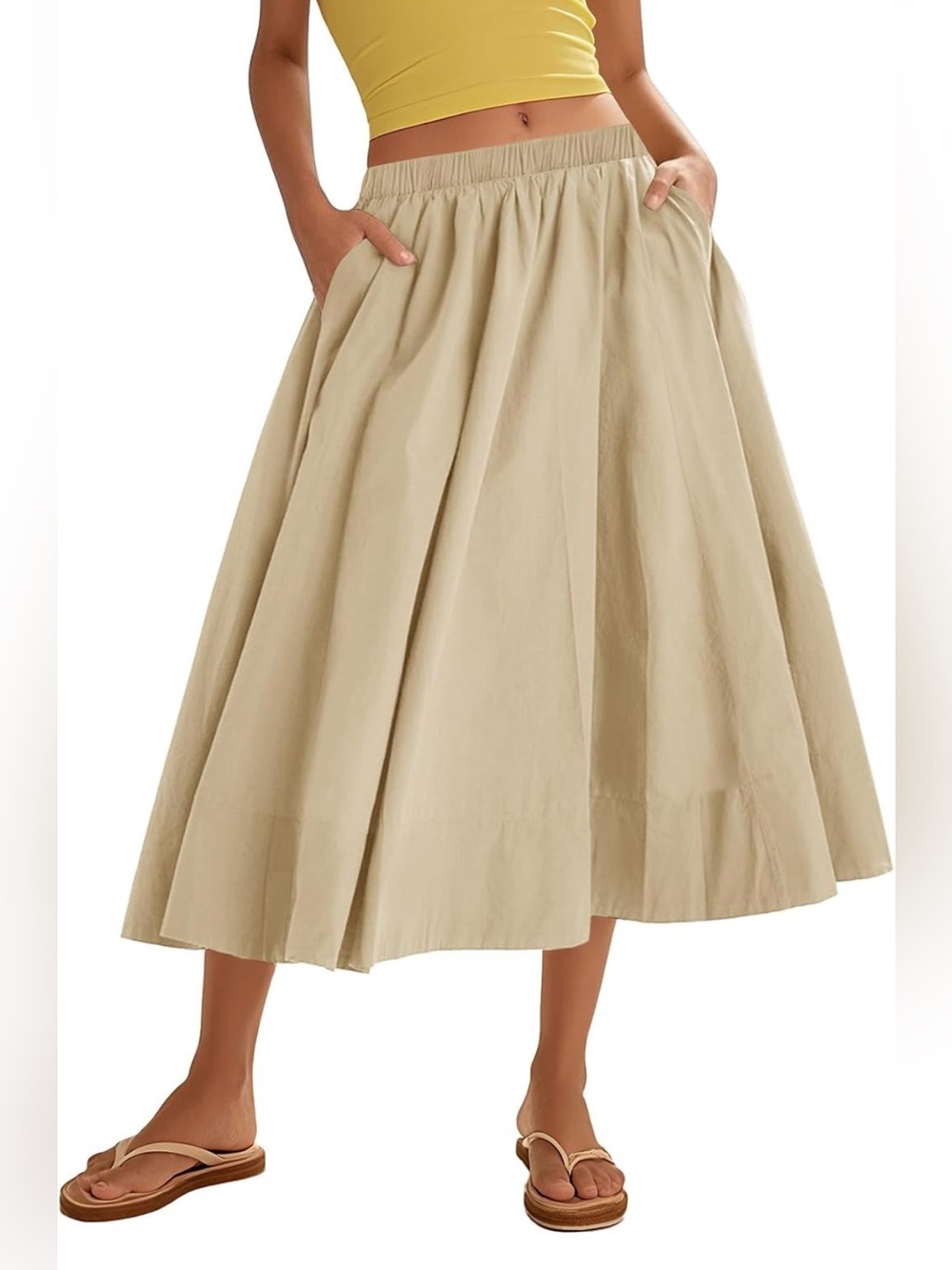 Pleated A-Line Flowy Maxi Skirt - Tan - Large